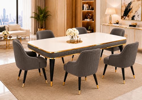 Image of WOODEN SPACE 6-Seater Wooden Dining Table Set | Nano Composite Marble Top | Solid Wood Base | Modern Dining Room Furniture with 6 Chairs (Brown Modern Zyro)