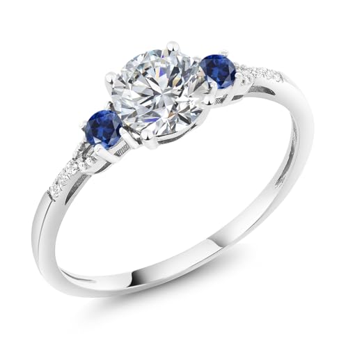 Gem Stone King 10K White Gold Lab Grown Diamond and Blue Created Sapphire Engagement Ring For Women | 0.87 Cttw | Round 6MM | Gemstone April Birthstone | Available in Size 5,6,7,8,9