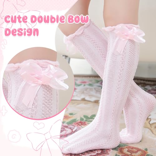 Image of TecoKart 3 Pairs Stockings for Girls, Cotton Knee Length Socks for Baby Girl, Adorable Double Bow Long Socks for Kids Girl- Perfect for Dresses, Uniforms and Casual Wear