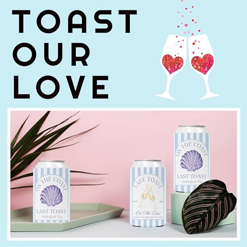 Image of Last Toast On The Coast Bachelorette Can Sleeves - 12 Pack Beach Bachelorette Party Beer Cozy Bulk, Funny Soda Can Coolers for Bachelorette Party Accessories