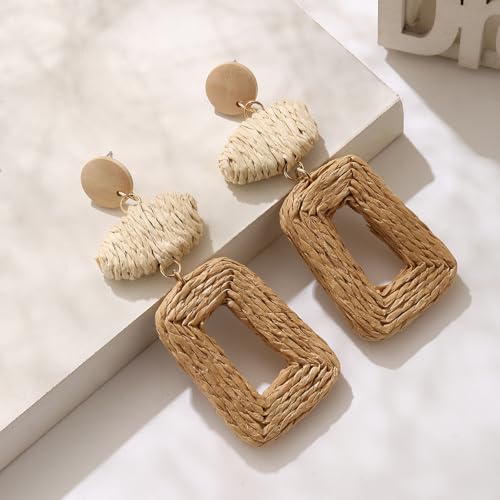 Image of Handmade Raffia Hoop Earrings Statement Tropical Bohemian Straw Dangle Earrings Natural Rattan Vacation Style Round Earrings for Women Summer Beach Party Essential Jewelry