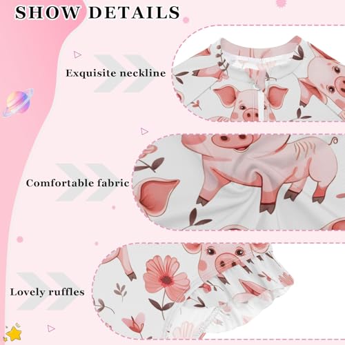 Cute Pig Animal Girls Long Sleeve Swimsuit Rash Guard One Piece Bathing Suits Zipper 3-12T4