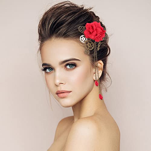 Beaupretty Steampunk Hair Clips With Tassels Chain Rose Flower Hair Clip Vintage Halloween Headdress Goth Gothic Hair Accessories For Women Girls Red #TOP4