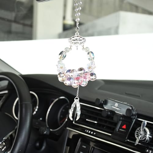 Image of Crystal Ball Car Rear View Mirror Hanging Charms Pendant Lucky Hanging Ornament Car Interior Decorations, Pink