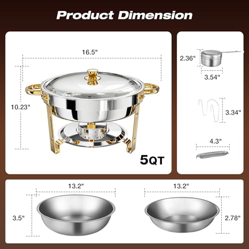WARMOUNTS Gold Chafing Dishes for Buffet, 5QT 4 Pack Round Chafing Dish Buffet Set w/Lid Holder, Thickened Stainless Steel Chafers and Buffet Warmers Sets for Weddings, Events, Banquet