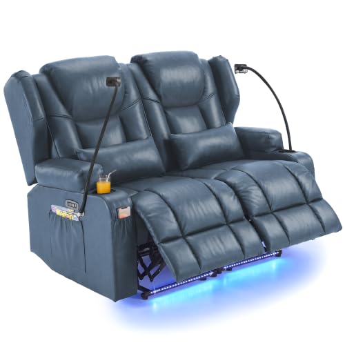 Image of Redlife Power Loveseat Recliner Sofa, PU Leather Dual Reclining Couch with Vibration & Heating, Blue LED Base Lights, USB Ports, Cup Holders & Phone Holders, Home Theater & RV Reclining (Blue)