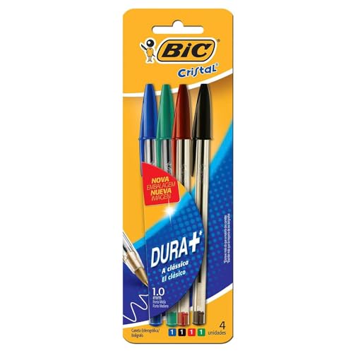 BIC, Caneta Esferográfica Escrita Média, Cristal Dura+, 4 Cores