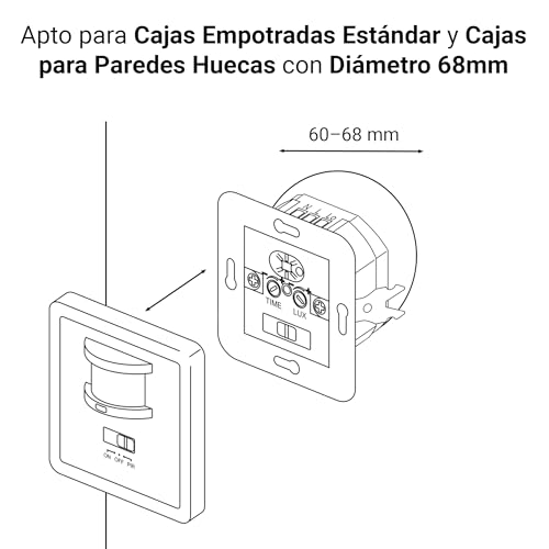SEBSON Detector de Movimiento Interior para Pared, Sensor PIR 160°, Alcance 9m, Apto para LED, Programable - Compatible con Caja de Mecanismos Estándar 68mm - imagen 6