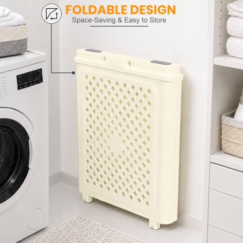 Image of JD FRESH Large 45 Liters Foldable Laundry Basket /Multipurpose Laundry Bag for Clothes with Wheels and Integrated Handles /Movable Plastic Clothes Basket /Laundry Bucket for Home & Laundry Room (Ivory)