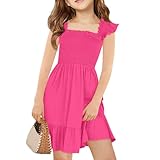 Summer Dresses for Teen Flutter Sleeve Size 16 Girls Dress Ruched Girls Sundresses Size 8 Holiday Midi Dresses 10-12 Hot Pink 11-12 Years