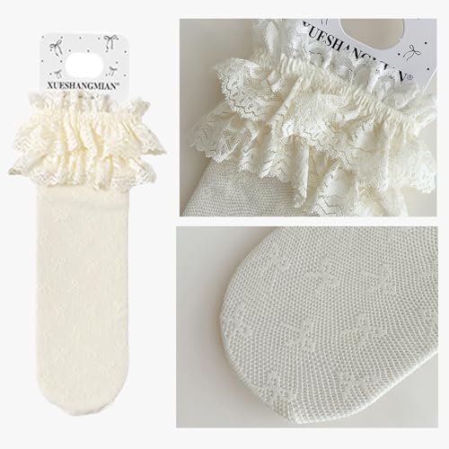Image of White Knee High Socks, Lace Ruffle Cute Sock Lolita Stockings Kawaii Lace Top Thin Socks for Girl Women