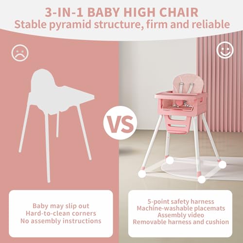 Image of Portable High Chairs for Babies and Toddlers, Convertible Baby Feeding Chair with Tray, Easy Clean High Chair for Toddler with Foot Rest, Infant Highchairs & Booster Seats with Cushion Pink