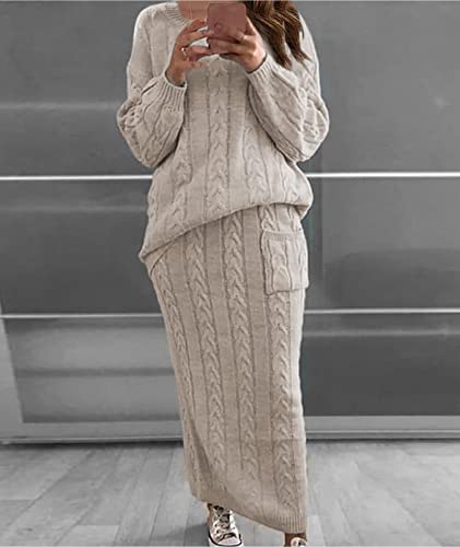 Image of Sexyshine Women's Cable Knit Long Skirt 2 Piece Outfit Chunky Oversized Pullover Sweater Top and Long Pencil Skirt Sets