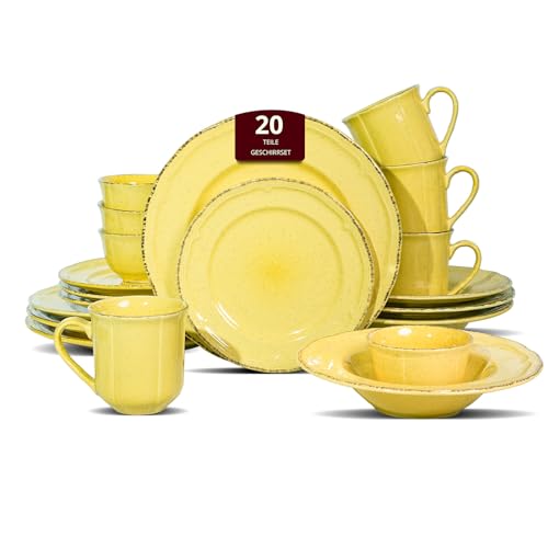 Service de table 20 pièces en grès pour 4 personnes, résistant aux rayures, motif campagne française mouchetée (Yellow)