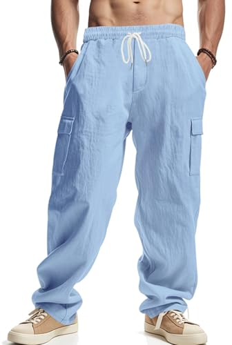 PADOLA Pantaloni Uomo Cotone Lino Cargo Spiaggia Tasca Multipla Vita Regolabile Coulisse Casual Chino Lungo Estivo per Mare e Viaggio(XL,Azzurro Chiaro)