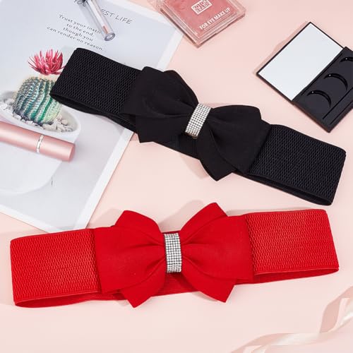 CRASPIRE 2 Colors Elastic Bow Belts Black Red Cloth Bowknot Stretch Sash Tie Elastic Chain Waist Belt Band Vintage with Synthetic Rhinestone for Women Ladies Wedding Trench Coat Overcoat Decorative4