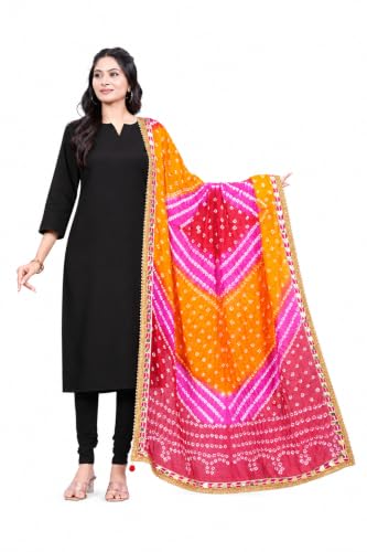 Fashtastic Women's Silk Jaipuri Rajasthani Bandhani Bandhej Heavy Dupatta with Gota Work and Latkan (Red and Pink)