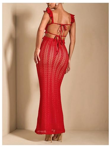 Image of SOLY HUX Women's Maxi Dress Crochet Ruffle Sleeveless Backless Bodycon Long Dresses