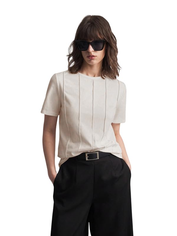 Image of DTR FASHION Women's Pure Cotton Styled with Vertical Pintuck Pattern Solid T-Shirt | Western T-Shirts for Women