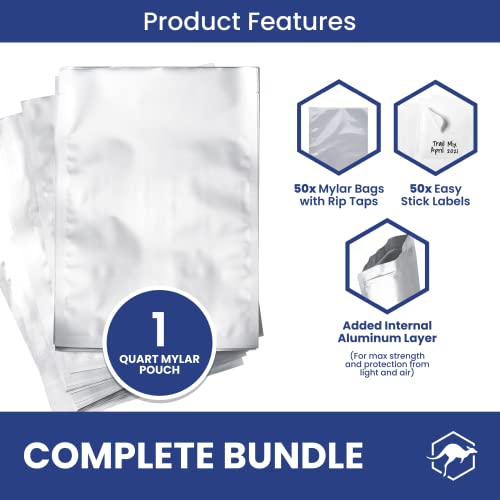 50X Wallaby 1-Quart Mylar Bag Bundle - (5 Mil - 7" X 10") Mylar Bags + 50X Labels - Heat Sealable, Food Safe, & Reliable Long Term-Food Storage Solutions - Silver #TOP2