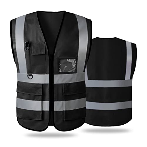 Hi Vis Vests for Women Men High Visibility Reflective Safety Security Vest with Pockets Zipper Front Meets ANSI/ISEA Standards（Medium,Black(cloth))