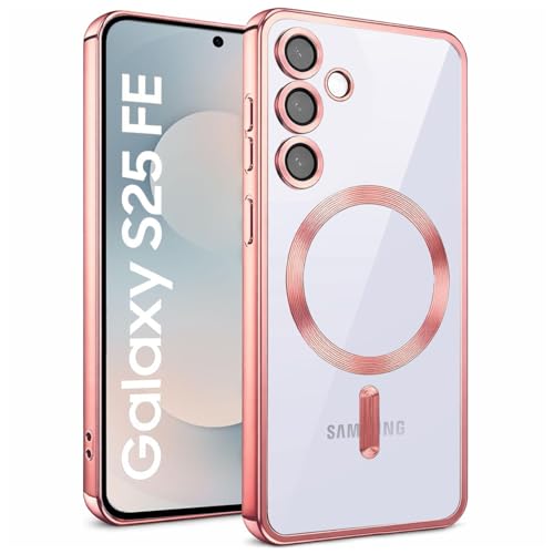 Image of VONZEE Clear Logo Electroplating Transparent Case for Samsung S25 FE 5G, Magnetic Plating [Support for MagSafe Charger] Electroplate TPU Cover, Individual Camera Protection for Each Lens - Rose Gold