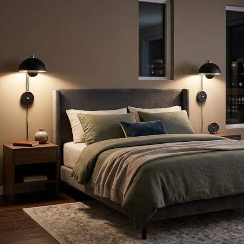 Image of Mid-Century Modern Bud Plug in Wall Sconces for Bedroom, Glossy Black | Indirect lighting reading wall lamp, all-metal construction, plug-in or hardwired install, fits bedroom bedside, living room