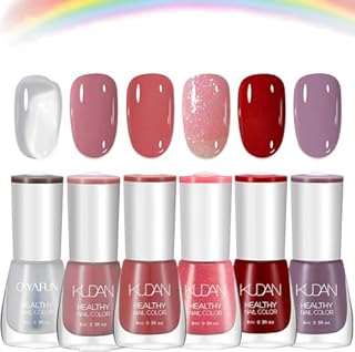 6-Piece Non-Toxic Water-Based Nail Polish Set: Quick-Dry, Long-Lasting Nude and Red Shades with Bright Oil and Holographic Gel for DIY Nail Art at Home. No UV Required. Includes Purple Hue