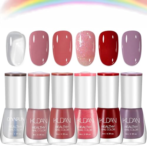 6-Piece Non-Toxic Water-Based Nail Polish Set: Quick-Dry, Long-Lasting Nude and Red Shades with Bright Oil and Holographic Gel for DIY Nail Art at Home. No UV Required. Includes Purple Hue