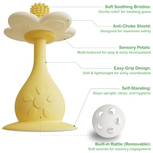Image of Flower Teether Rattle, Silicone Baby Teething Toy 0-24M [Yellow] | 360 Multi-Texture, Nipple-Shaped End, Anti-Choking Design, Stand-Up Base, Baby Girl & Boy Teether, BPA-Free, Teething Relief