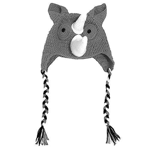 BOMHCS Handmade Crochet Rhinoceros Horn Hat Briad Earfalps Earmuff Beanie Animal Headear (Large, Light Grey)