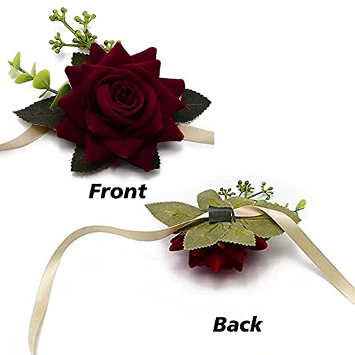 CRASPIRE 2PCS Wedding Wrist Flower Wine Red Artificial Floral Wrist Corsage Bridal Rose Leaf Silk Ribbon Hand Flowers for Bride and Bridesmaid Festival Prom Engagement - Image 3