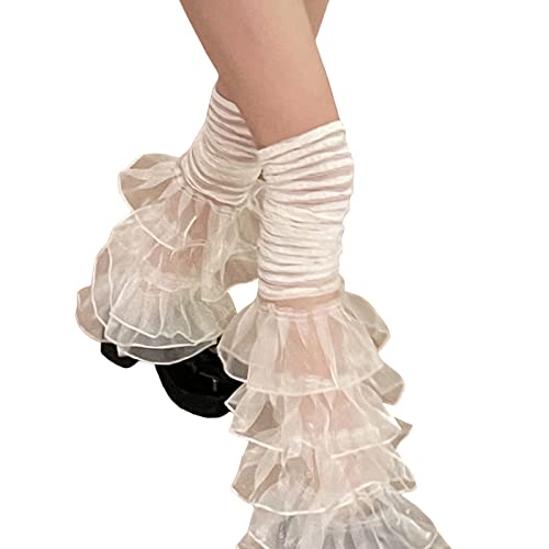 Image of Women Leg Warmers Ruffled Lace Patchwork Long Thigh High Socks Boot Cuffs Cover for Streetwear