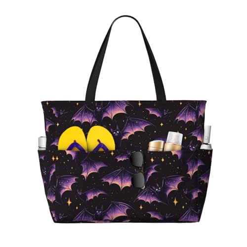 Large Beach Bags for Women Sandproof - Purple Star Bat Print Summer Travel Work Tote Bags with Zipper