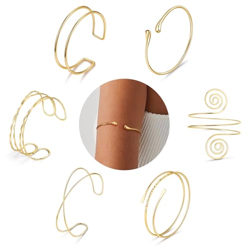 6 Pieces Gold Arm Cuff for Women Upper Arm Band - Cuff Bracelet Bangle for Women Silver Gold Adjustable Armband Set