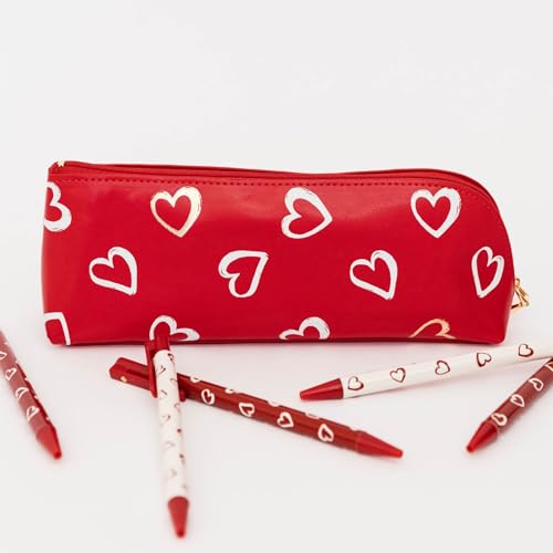 Image of kate spade new york Pen and Pencil Case with Office Supplies for Adults, Zip Pouch Includes 2 Pencils, Sharpener, Eraser, and Ruler, Brushstroke Hearts