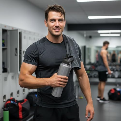 Image of SENDESTAR Water Bottle,Wide Mouth Stainless Steel Vacuum Insulated Double Wall Keep Liquids Cold or Hot All Day,Sweat Proof Sport Design,Fit Car Cup Holder,Laser Grey,40,Ounces