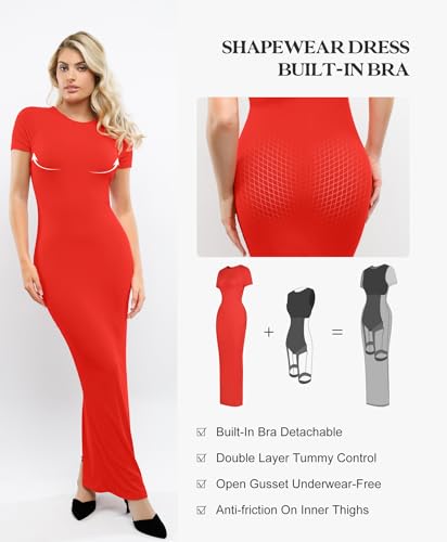 Image of Popilush Shaperwear Dress Built-in Bra Women's Casual Lounge Dress with Zipper Short Sleeve Mock Neck Bodycon Dresses