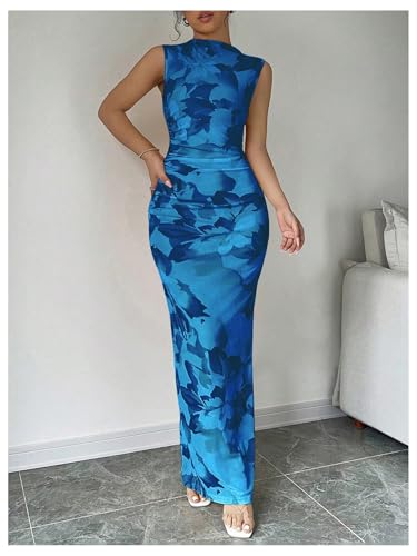 Image of BEAUDRM Women's Floral Print Midi Bodycon Dresses Split Thigh Ruched Mock Neck Fitted Tank Dress