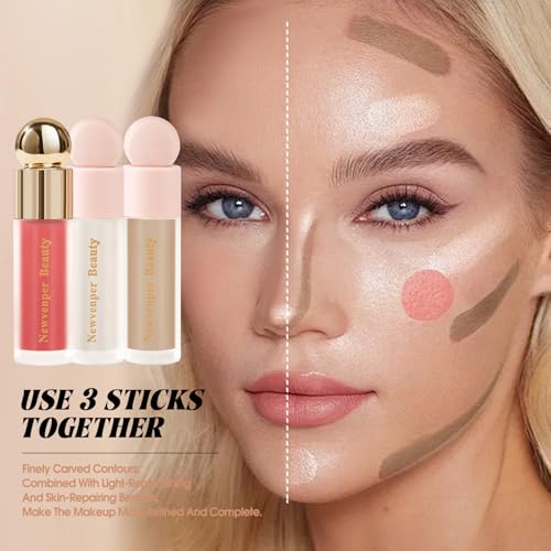 Newvenper Krem, bronzer + rozświetlacz + róż, z pędzelkiem do twarzy, długotrwały i gładki, róż, rozświetlacz i bronzer do konturowania w płynie