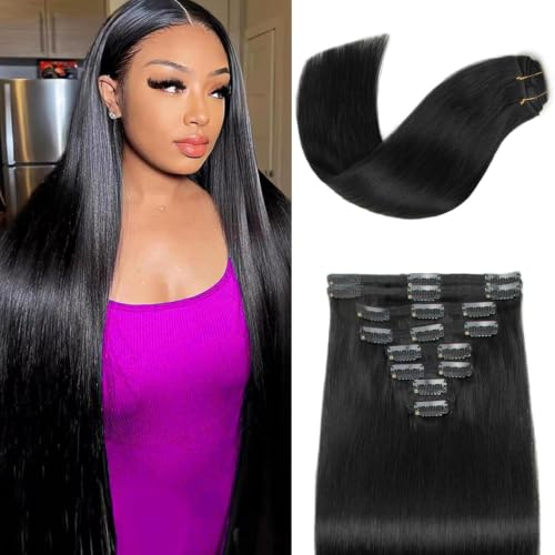 Image of Jet Black Clip in Hair Extensions Real Human Hair, 18inch /8pcs Seamless Invisible Human Hair Clip in Extensions for Women, 10A Brazilian Virgin Remy Human Hair Extensions Clip ins Double Weft 70g
