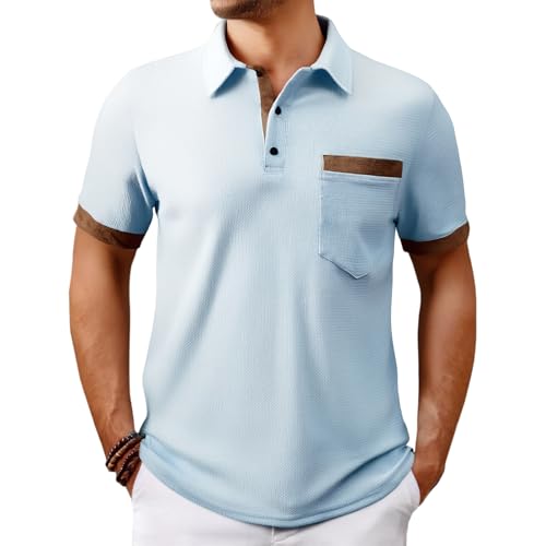 Men's Workout Short Sleeve Shirts Quick Dry Athletic Color Block Slim Fit Casual Polo Shirts with Pocket for Men