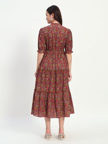 Image of Women's Fit and Flare Dress I Pure Cotton Long Summer Maxi Dress I V-Neck I Casual Wear I Printed Kalamkari Floral Middi
