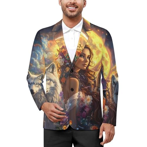 Woman With Wolf Men's Suits Business Formal Suit Dress Print Jackets Casual Wedding Party Coat