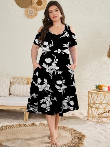 Image of LARACE Plus Size Women Dress for Summer, Midi Women's Sundress, Casual V-Neck Short Sleeve Flowy T-Shirt Dresses with Pockets
