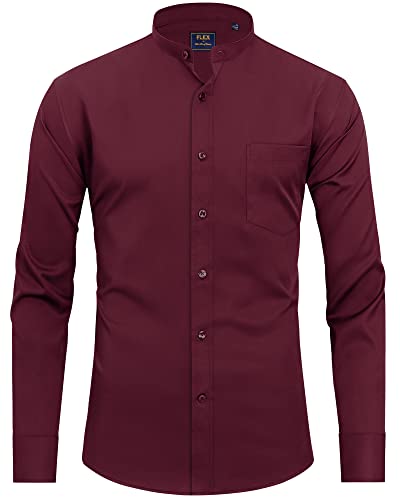 J.VER Herren-Kragenhemd mit Bändern, Lange Ärmel, Button-Down-Mandarinenkragen, solides Stretch-Hemd mit Tasche, Burgunder, Mittel
