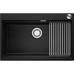 Fregadero 80 Cm Fregadero Cocina 78 x 50 cm, Fregadero Granito Un Seno + Sifón Pop-Up, Fregadero Empotrado Oslo 80 Level de Primagran, Negro