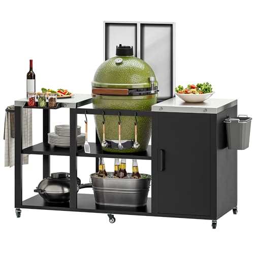 DWVO XL Outdoor Grill Table with Stainless Steel Tabletop, Grill Cart with Adjustable Storage Shelves, Spice Rack, Paper Towel Holder, and Trash Bag Holder, BBQ Prep Table for Parties