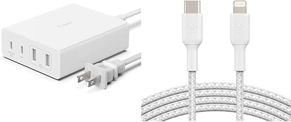 belkin 108w gan usb charging station for multiple devices 2 type c and 2 type a ports fast desktop boostcharge nylon braided usb c to lightning cab