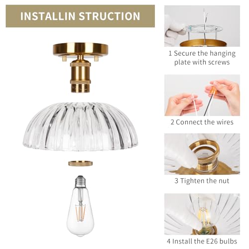 Image of JYZ Semi Flush Mount Ceiling Light, Gold Ceiling Light Fixture with Brass & Ribbed Glass Shade, Vintage Light fixtures for Hallway, Entryway, Bathroom, Kitchen, Bedroom 2-Pack